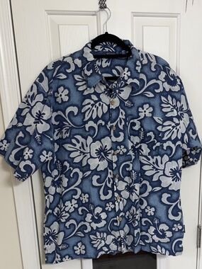 Sideout Mens Blue Floral Pattern Button Up Short Sleeve Shirt (XL)